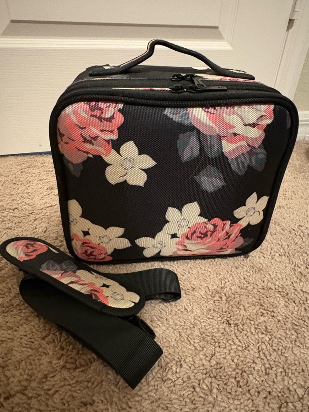 Floral Black makeup bag with Adjustable Strap